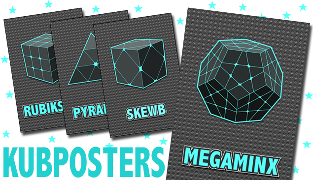 Posters med 4 olika kuber; Rubiks kub, Pyraminx, Skewb och Megaminx.